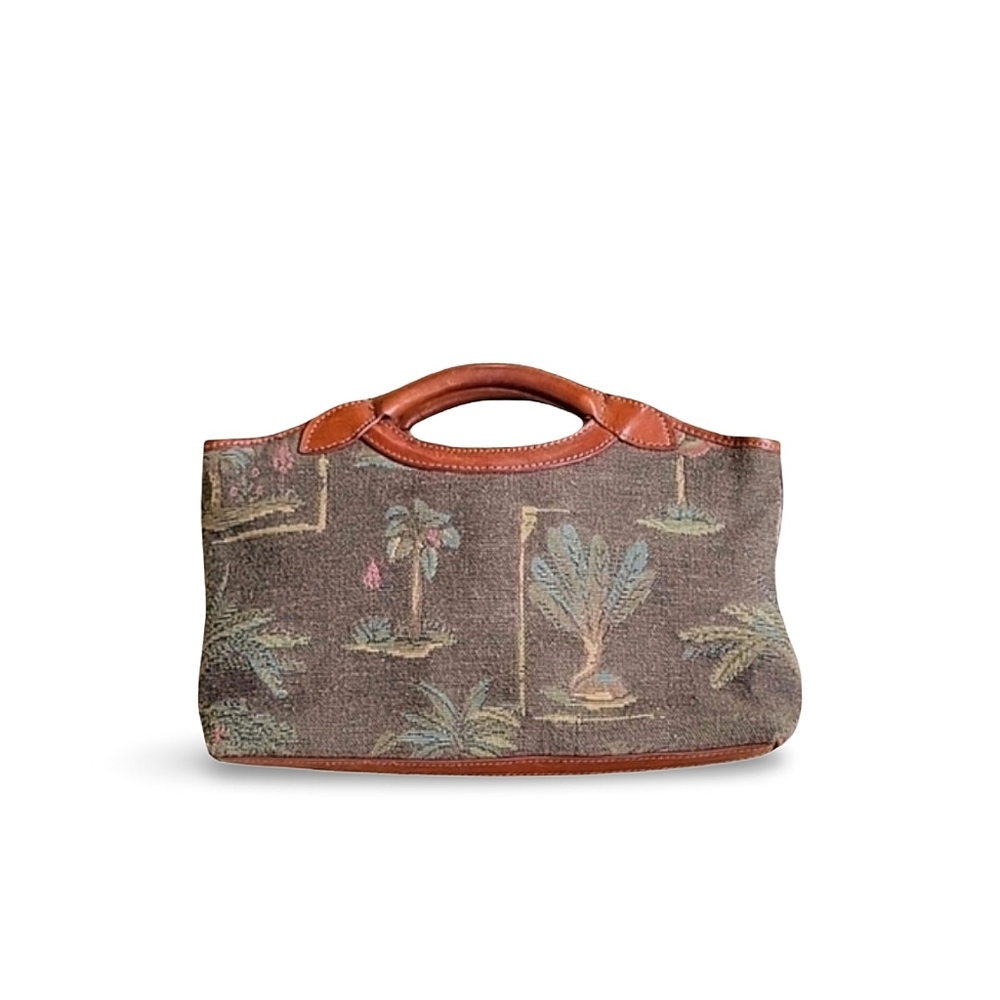 Vintage Tommy Bahama Handbag Olive Palm Tree Tapestry & Leather Satchel Tote Bag